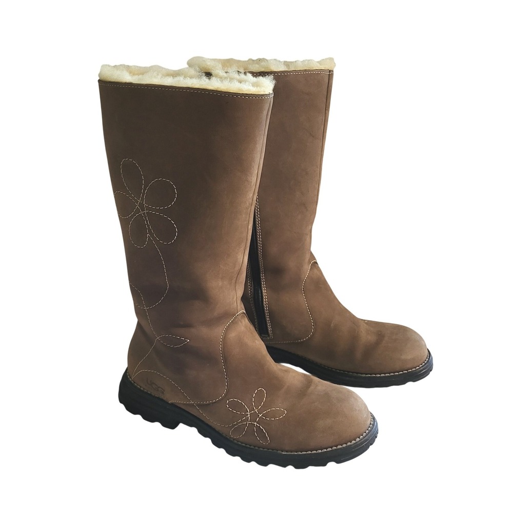 UGG Australia Tall Brown Leather Shearling Boots Size 7 Floral Stitch Embroidery